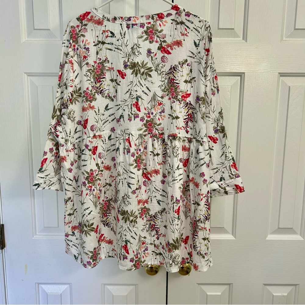 Jones NY Linen Floral High/Low Hem Roll Tab Sleeve Spring Women's Top 1X - Picture 5 of 14